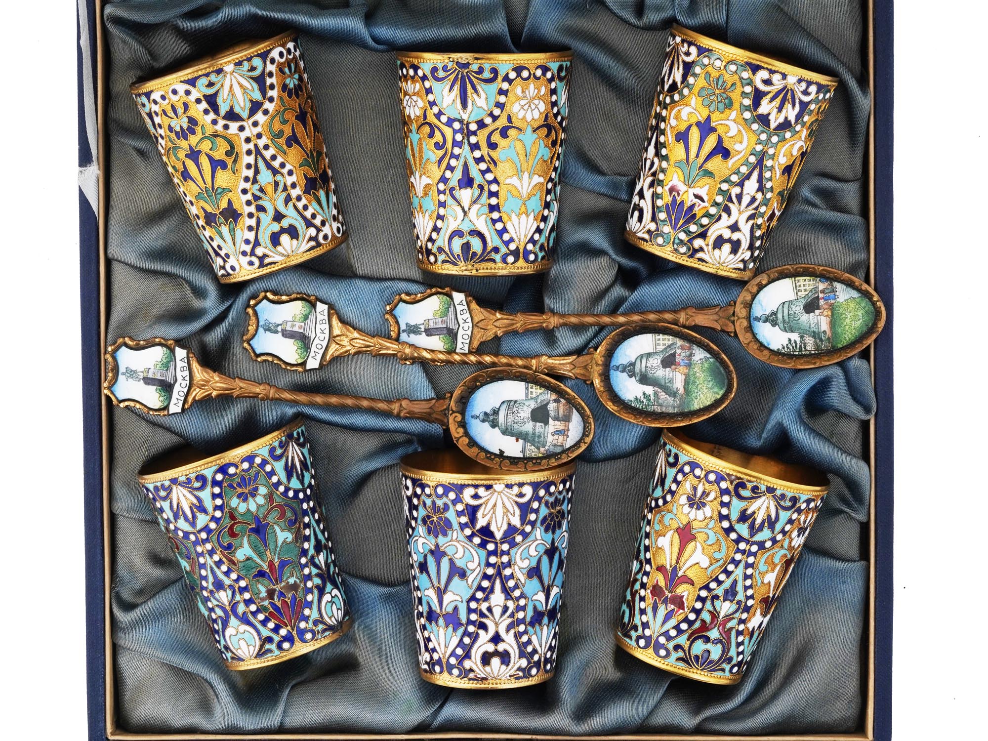 RUSSIAN MELCHIOR AND ENAMEL CUPS AND SPOONS IOB PIC-1